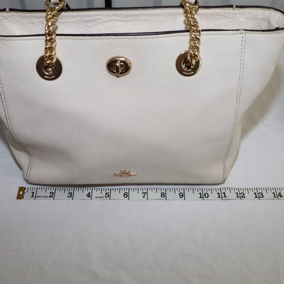 Coach Turnlock Chain Tote 27 White Leather Black Interior Gold Hardware 57107 - Picture 8 of 13